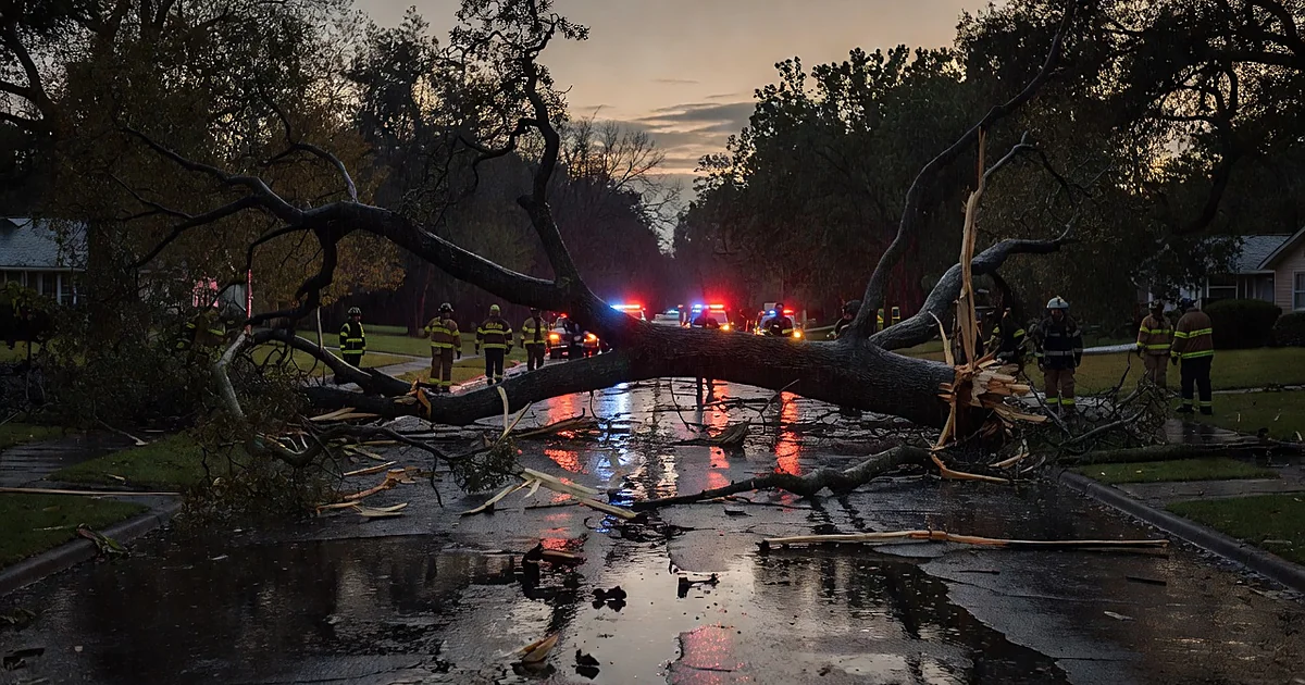Large fallen tree blocking wet street with emergency lights reflecting on pavement at dusk