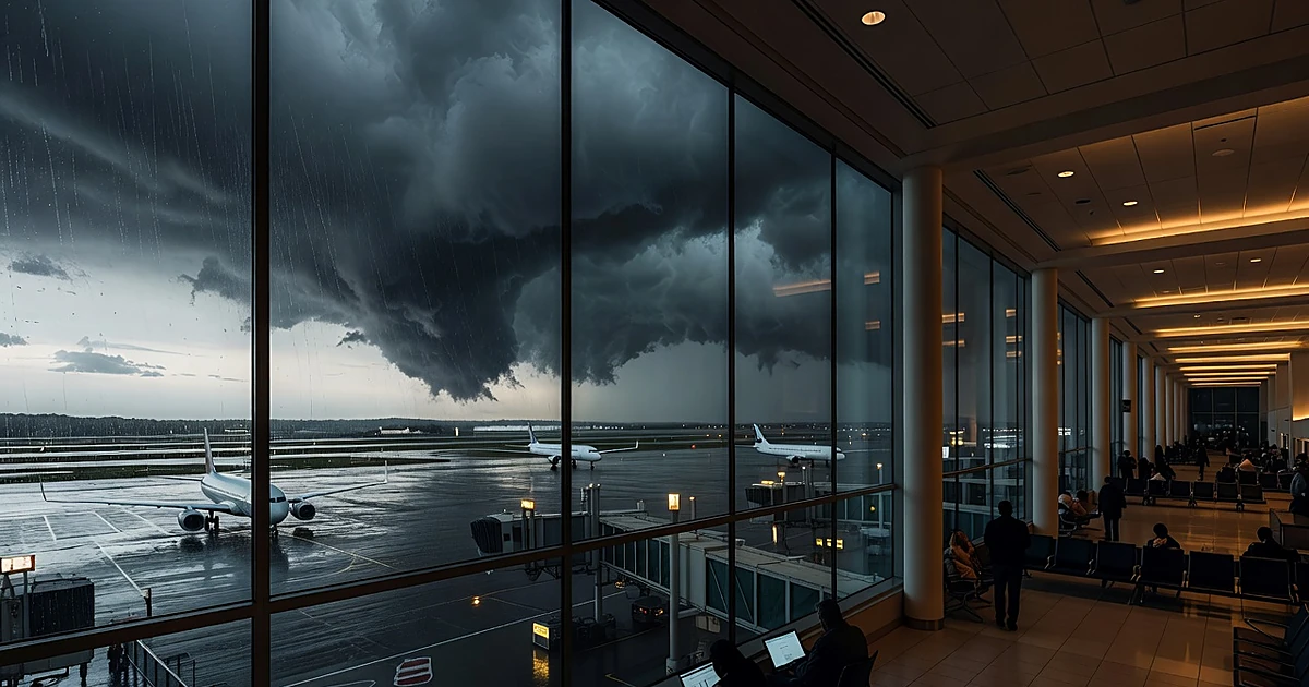Airport terminal with travelers as silhouettes against windows showing dark storm clouds gathering over planes on tarmac
