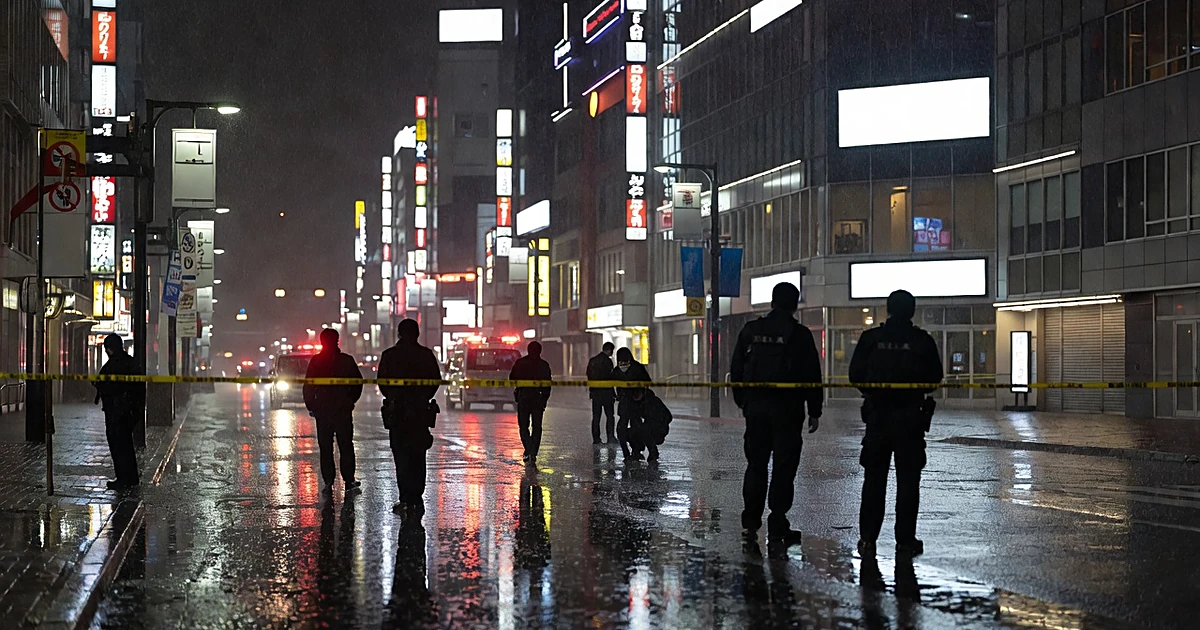 Night scene of urban Japanese street with police tape and high-rise apartment building illuminated above