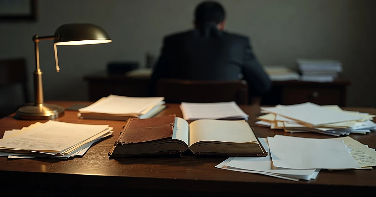 Open diary on government office desk with scattered blank documents and silhouetted figure working in background