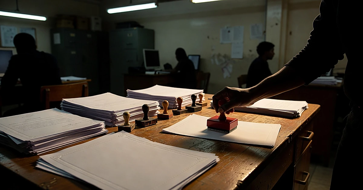 Silhouetted hand stamping documents with official stamps on cluttered municipal office desk