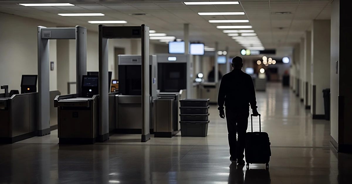 Silhouetted traveler with luggage walking through airport security checkpoint at night with terminal lights in background