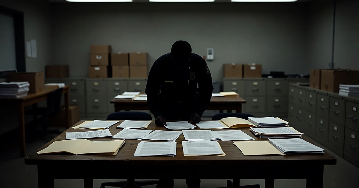 FBI agent silhouette reviewing banking documents on evidence table in federal office