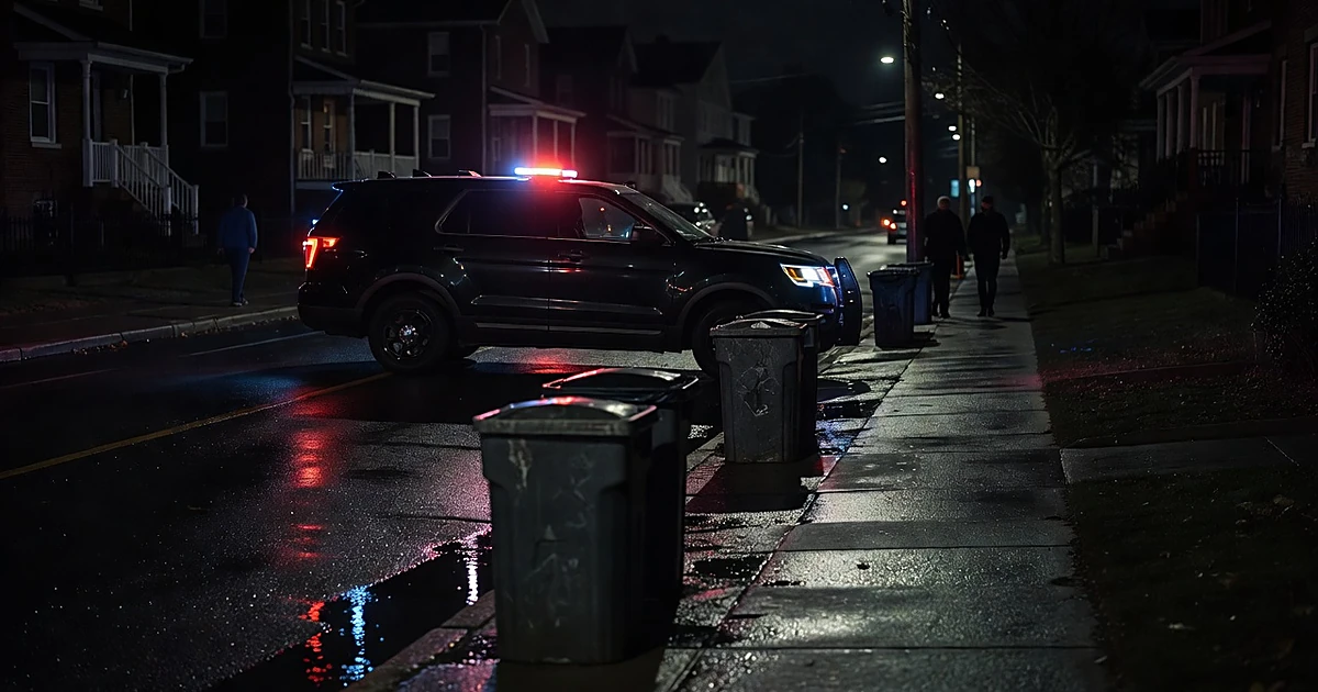 Government vehicle with emergency lights illuminating trash bins on a residential street at night