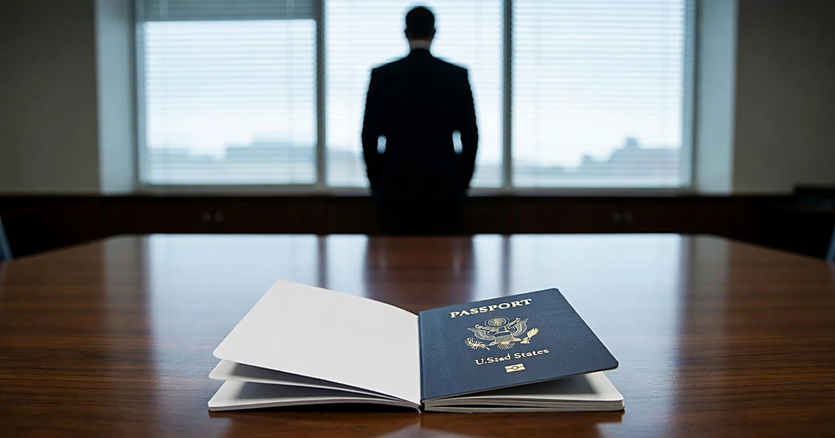 Open U.S. passport on wooden table in federal office with silhouetted figure standing at window in background