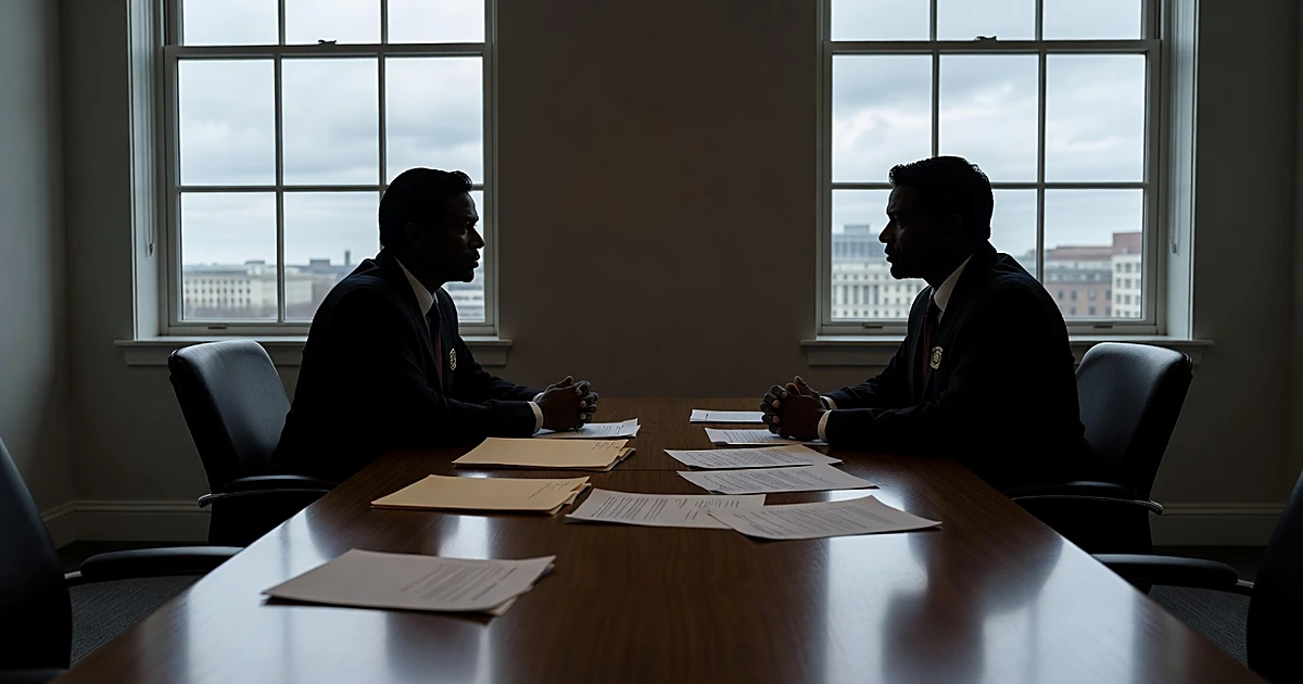 Federal investigation interview room with silhouetted figures at table with documents during questioning session