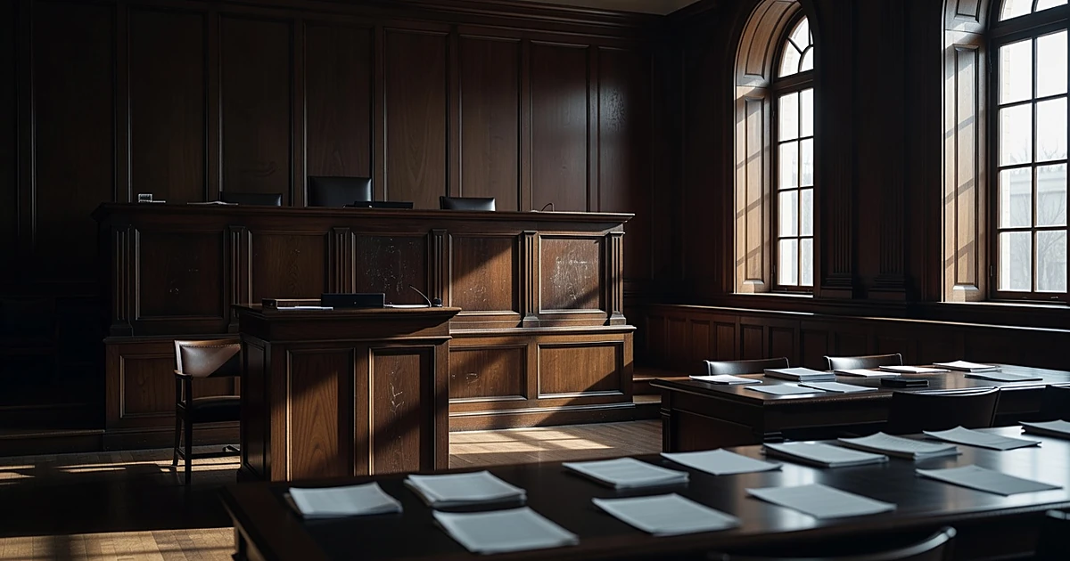 Empty federal courtroom with judge's bench and scattered legal documents on table in foreground