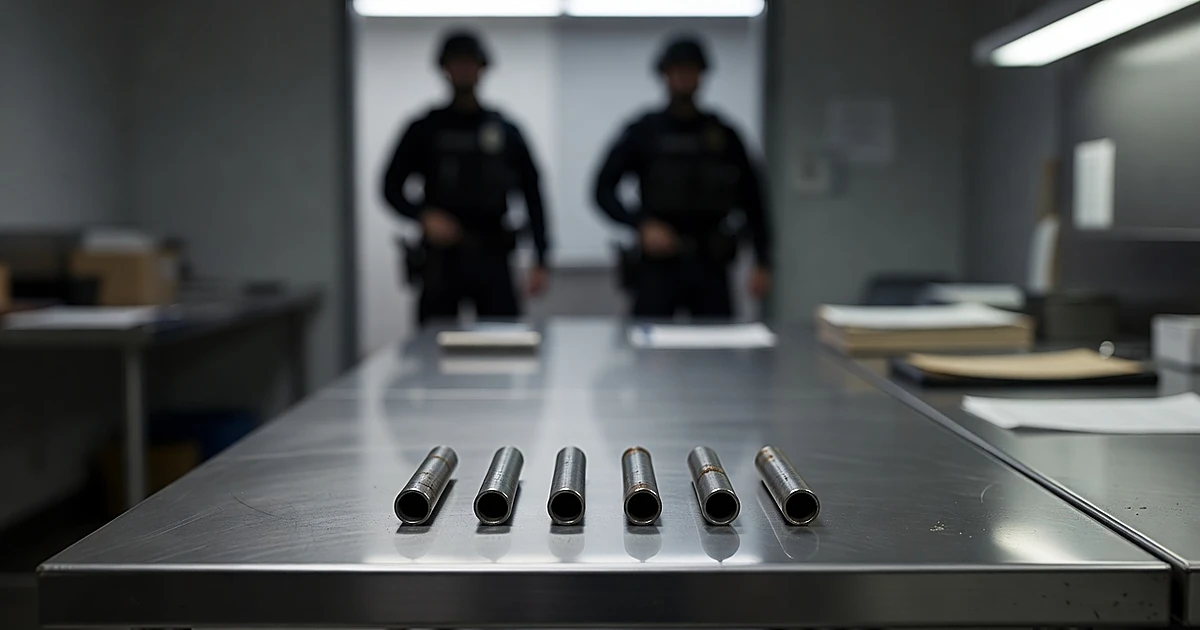 Evidence table with cylindrical metal objects under fluorescent lighting in federal law enforcement facility
