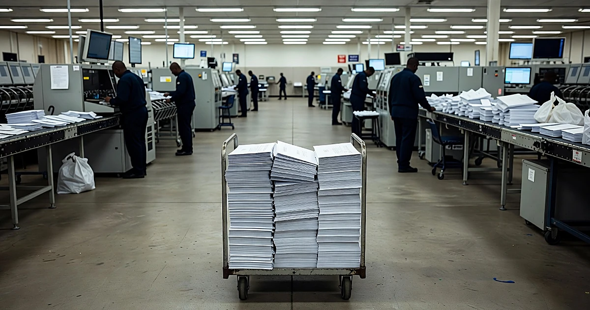 Mail processing facility with ballot envelopes on carts and silhouetted workers among sorting equipment