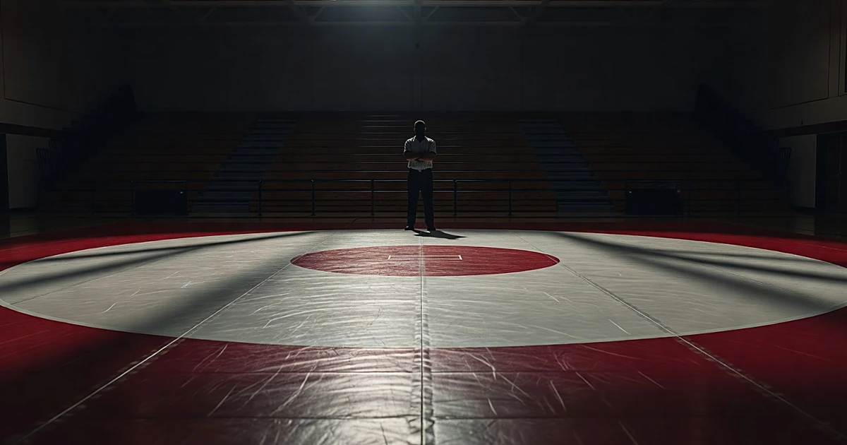 Empty high school wrestling mat with referee silhouette and darkened gymnasium bleachers in background