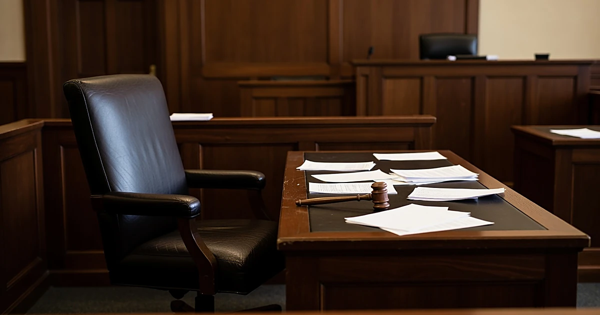 Empty federal courtroom judge's bench with pushed back chair and scattered documents on wooden surface