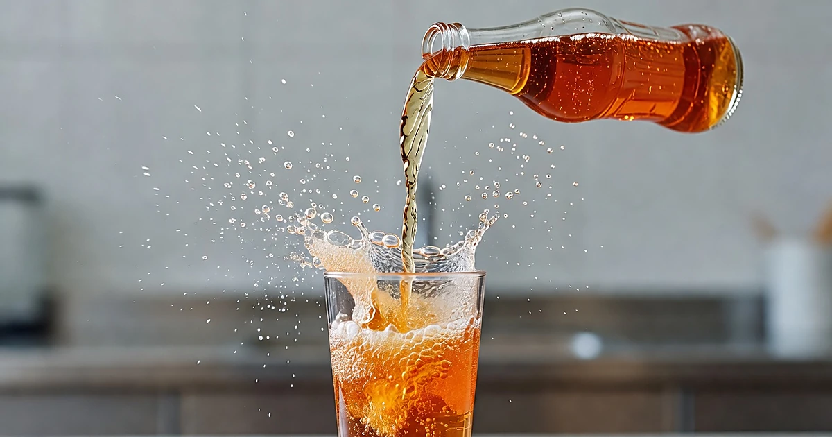 Orange soda pouring rapidly from bottle into glass with motion blur and bubbles in bright kitchen lighting