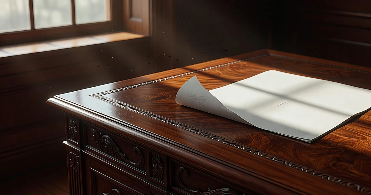 Corner of ornate wooden desk with blank document partially visible in warm afternoon light