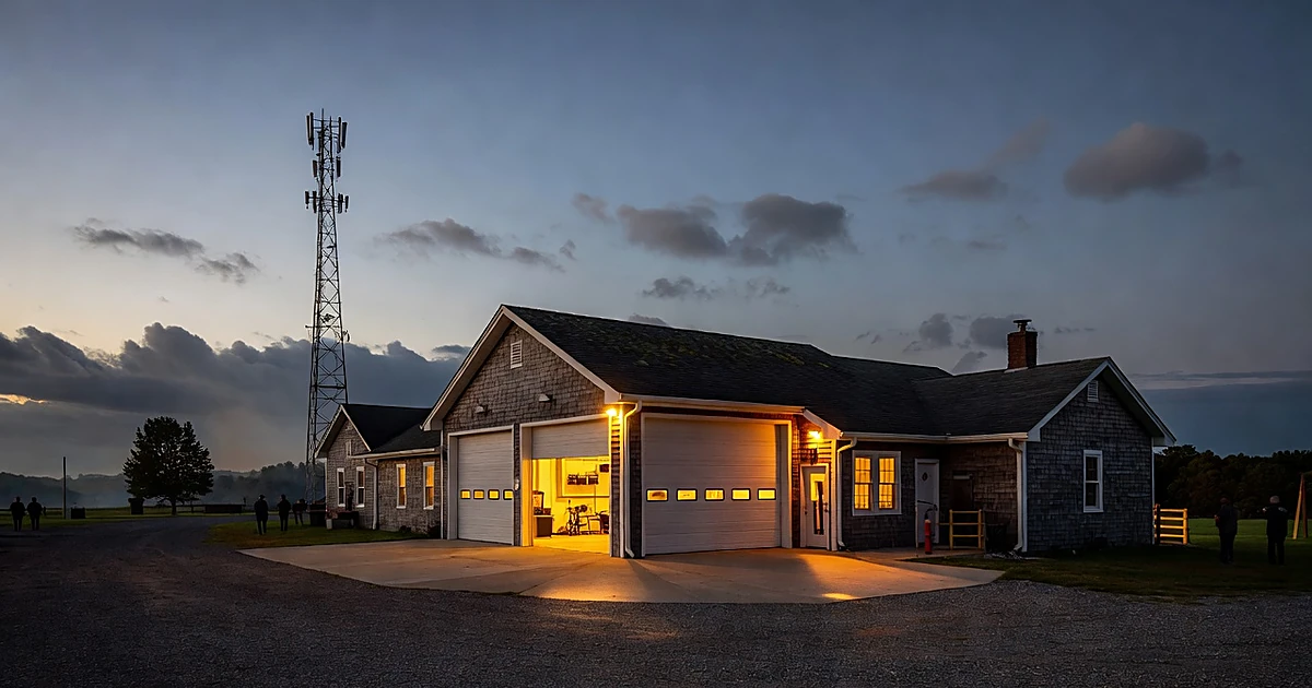 Silhouetted firefighter walking toward fire station bay with cell tower visible in distant background at dusk