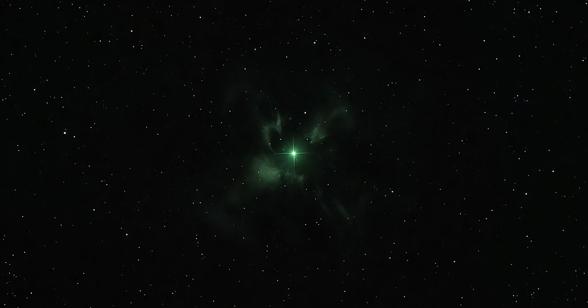 Green glowing white dwarf star against black space with faint debris halo