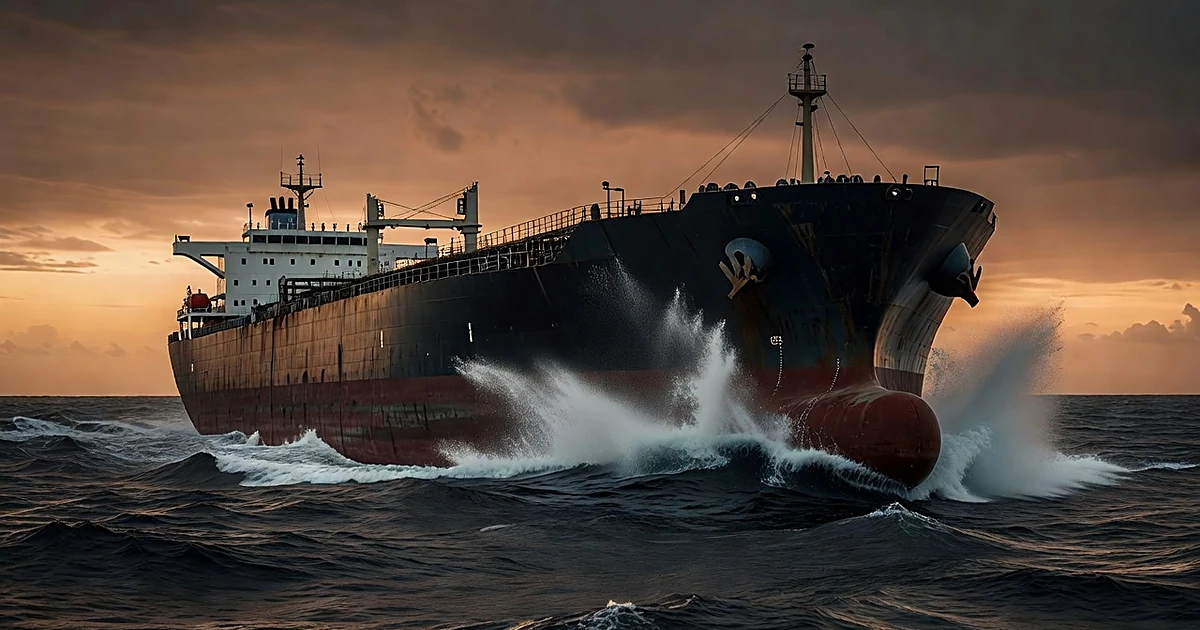 Large diesel tanker ship moving through ocean waters at dusk creating white spray from bow