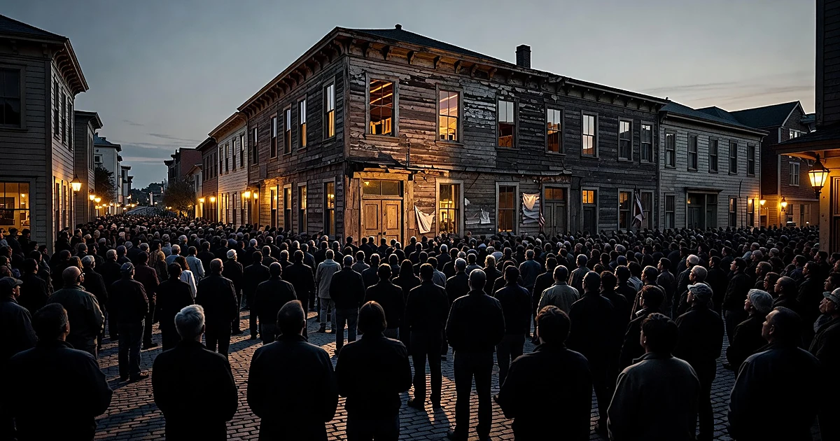 Silhouetted crowd gathered at dusk before a historic wooden building on a San Francisco street