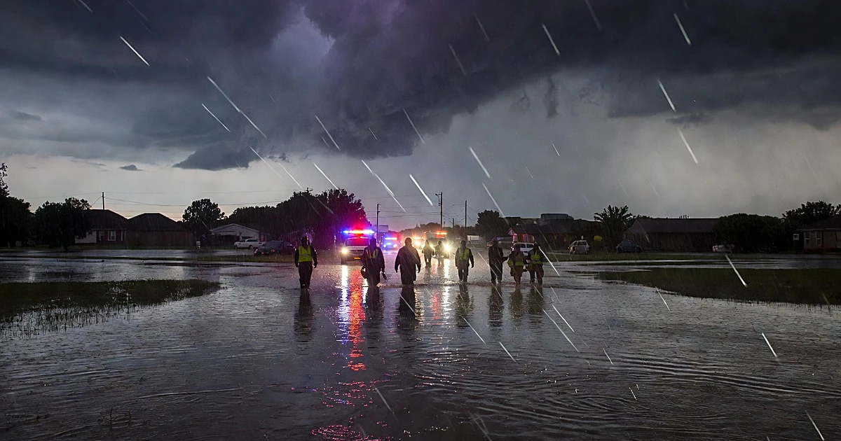 Emergency responders wade through flooded street under dark storm clouds with vehicle lights reflecting in water