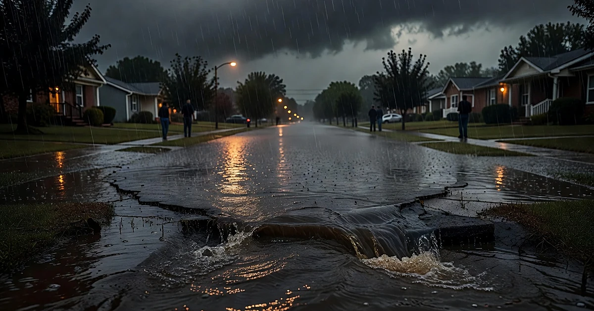 Flooded residential street with heavy rain falling and water pooling across pavement during active storm