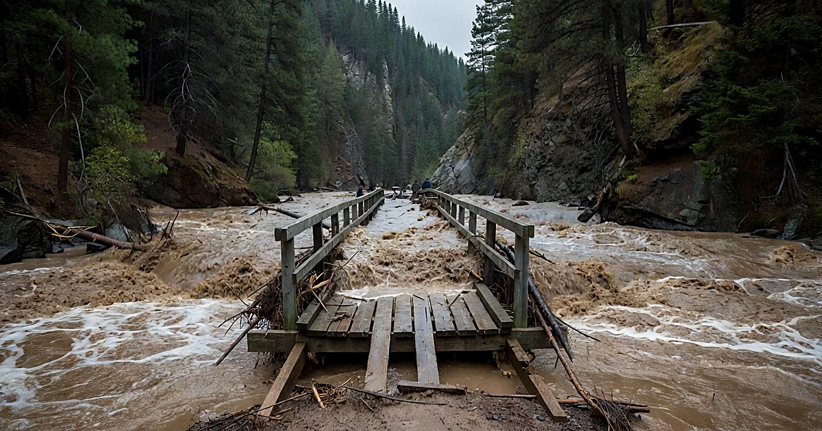 Floodwater rushing over a wooden bridge in a forested canyon with debris piled against supports