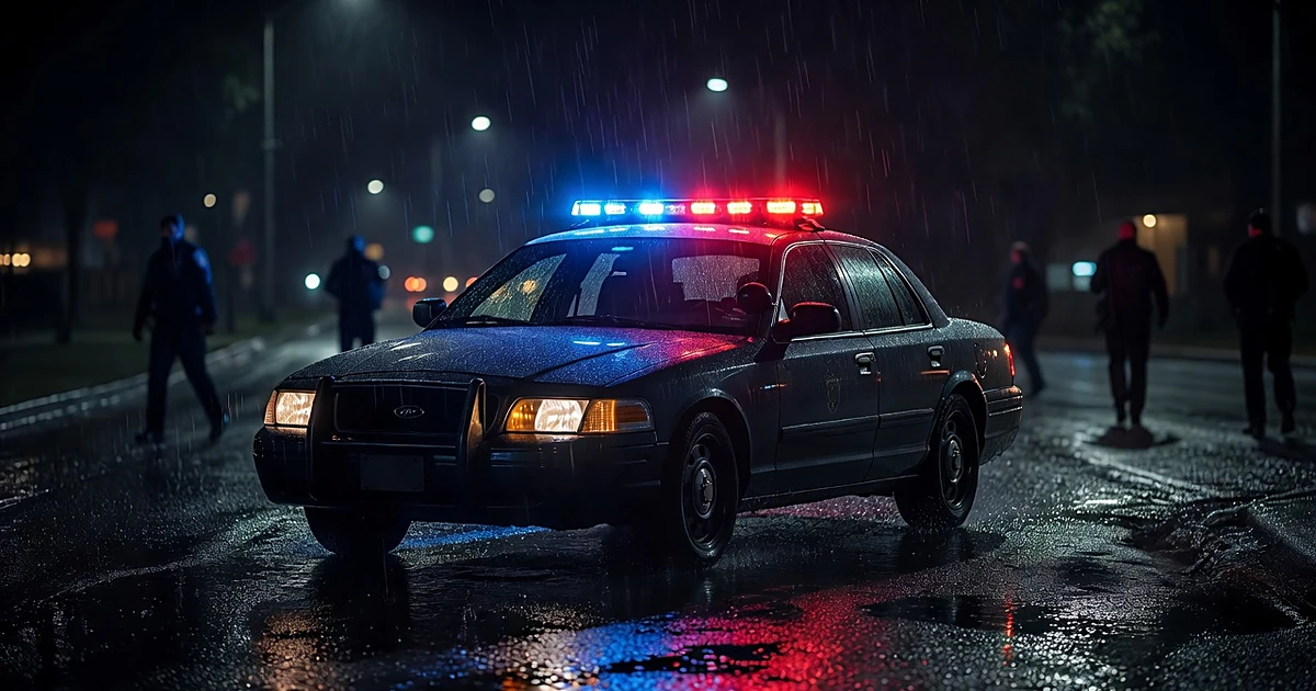Police patrol car with emergency lights flashing on wet pavement at night during storm conditions