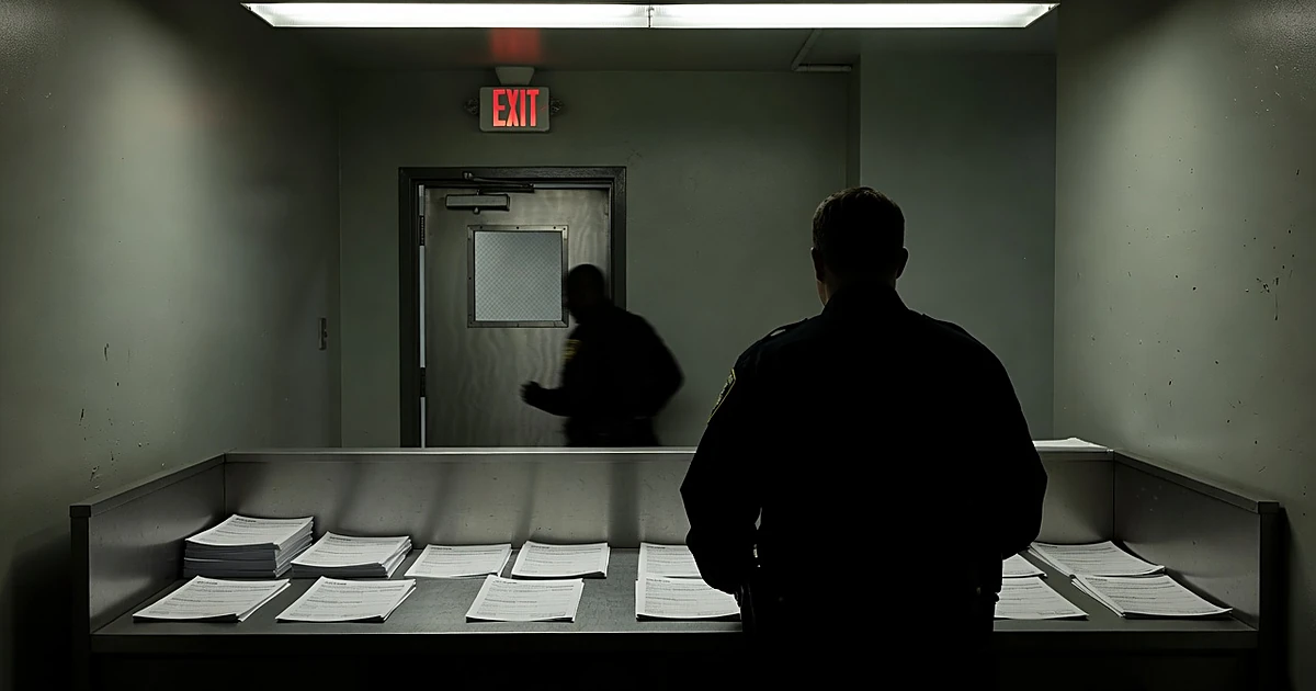 Police booking station interior with silhouetted officers processing at desk with security door in background
