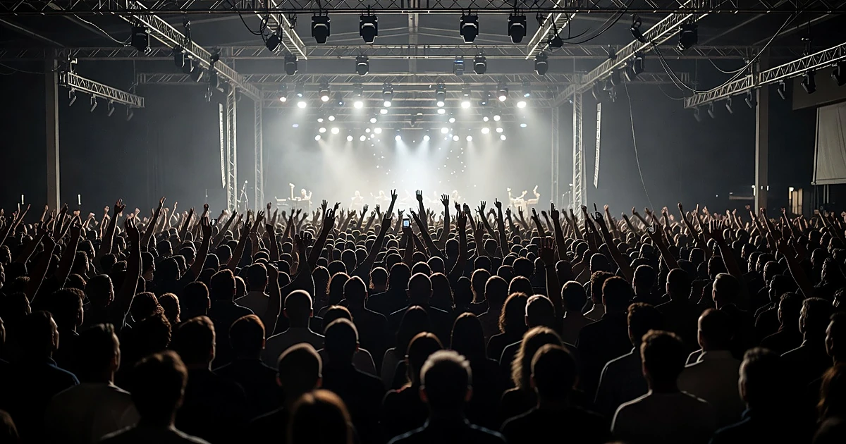 Silhouetted crowd at political rally with raised arms and stage lights in background