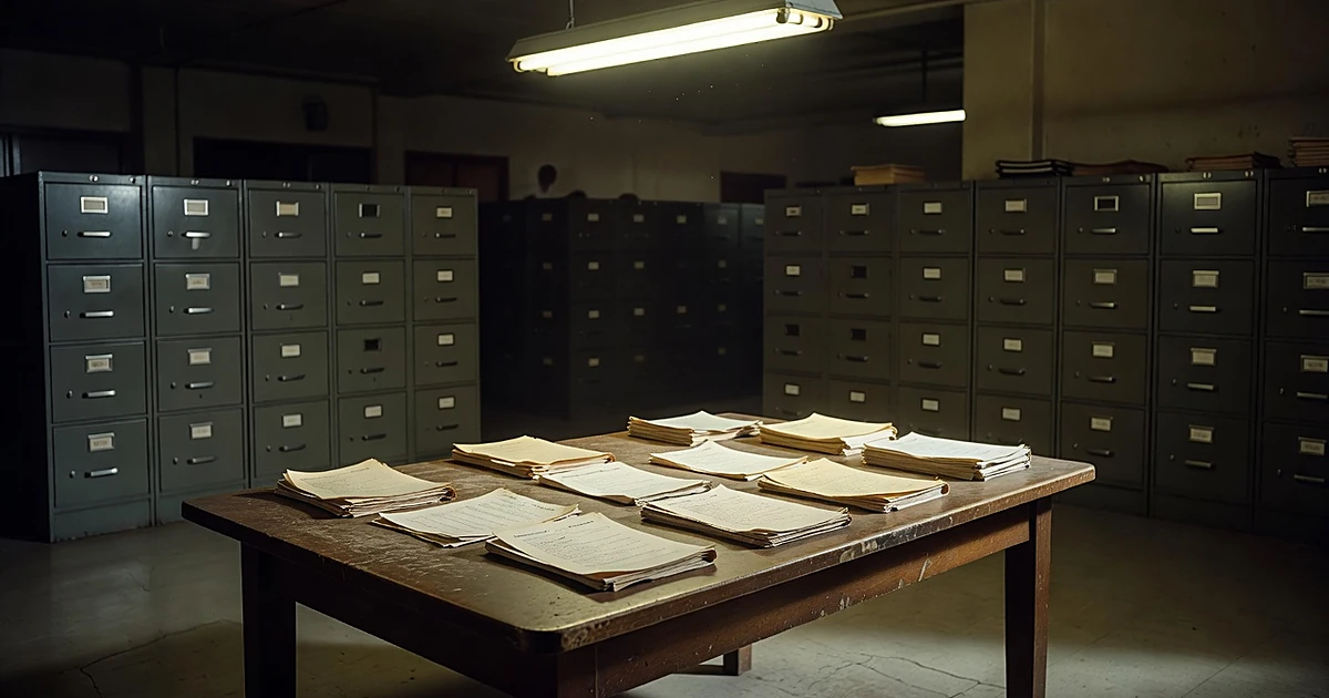Vintage police evidence room with aged case files on wooden table and metal filing cabinets in shadows