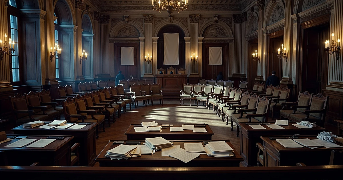 European-style legislative chamber at dusk with scattered papers on benches and silhouetted figure addressing empty seats
