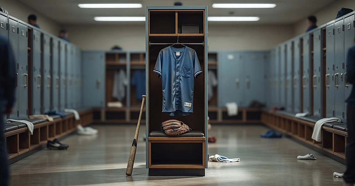 Empty baseball locker room with open locker containing vintage championship jersey and equipment on wooden bench