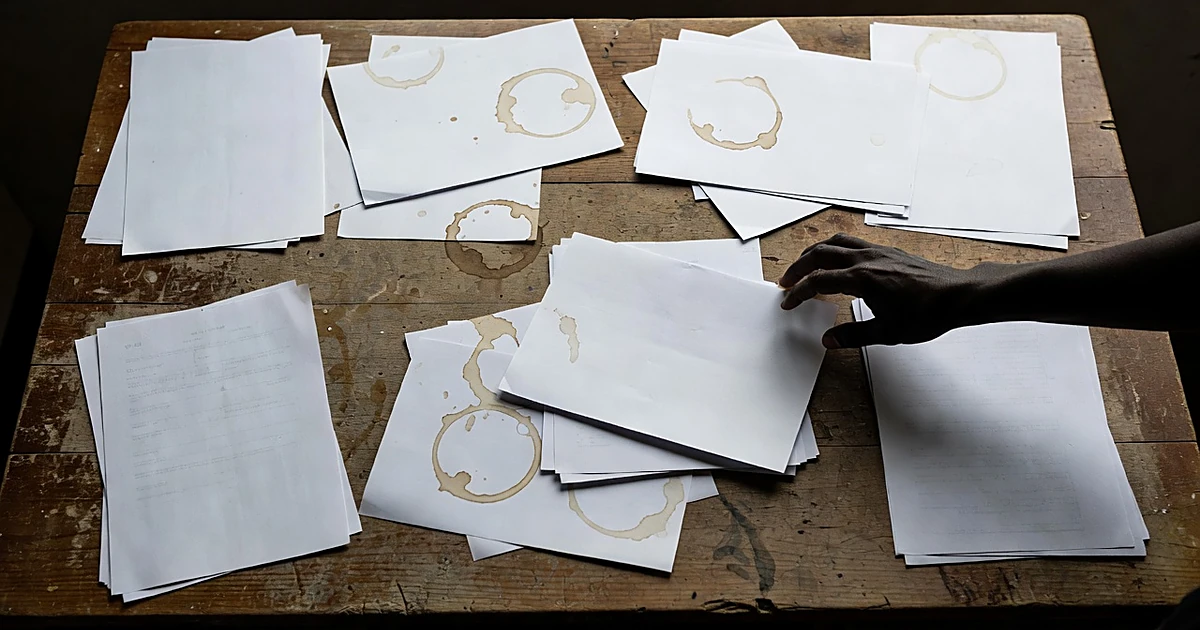 Silhouetted hand reaching across scattered blank tax forms and employment documents on weathered farm office desk