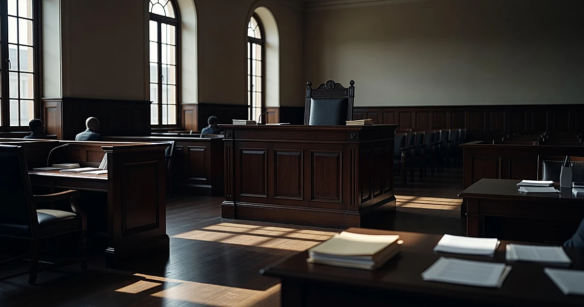 Empty federal courtroom with judge's bench and witness stand, dramatic window lighting casting shadows