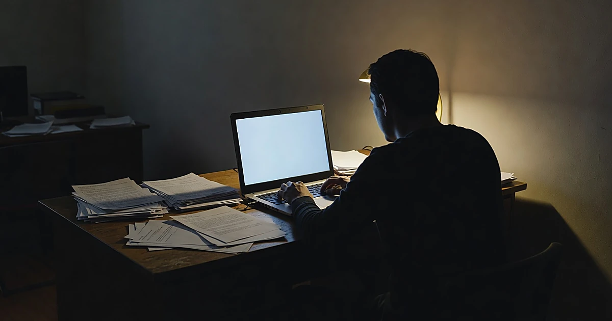 Silhouetted figure typing at laptop in dimly lit campaign office with scattered papers on desk