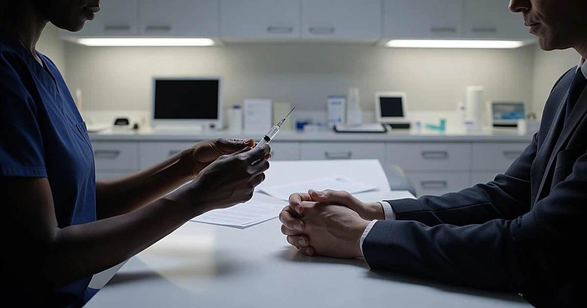 Two suited arms clasped together on examination table as medical professional administers flu shot in clinical setting