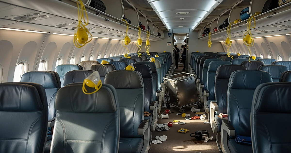 Commercial aircraft cabin interior with oxygen masks deployed and overturned service cart in aisle