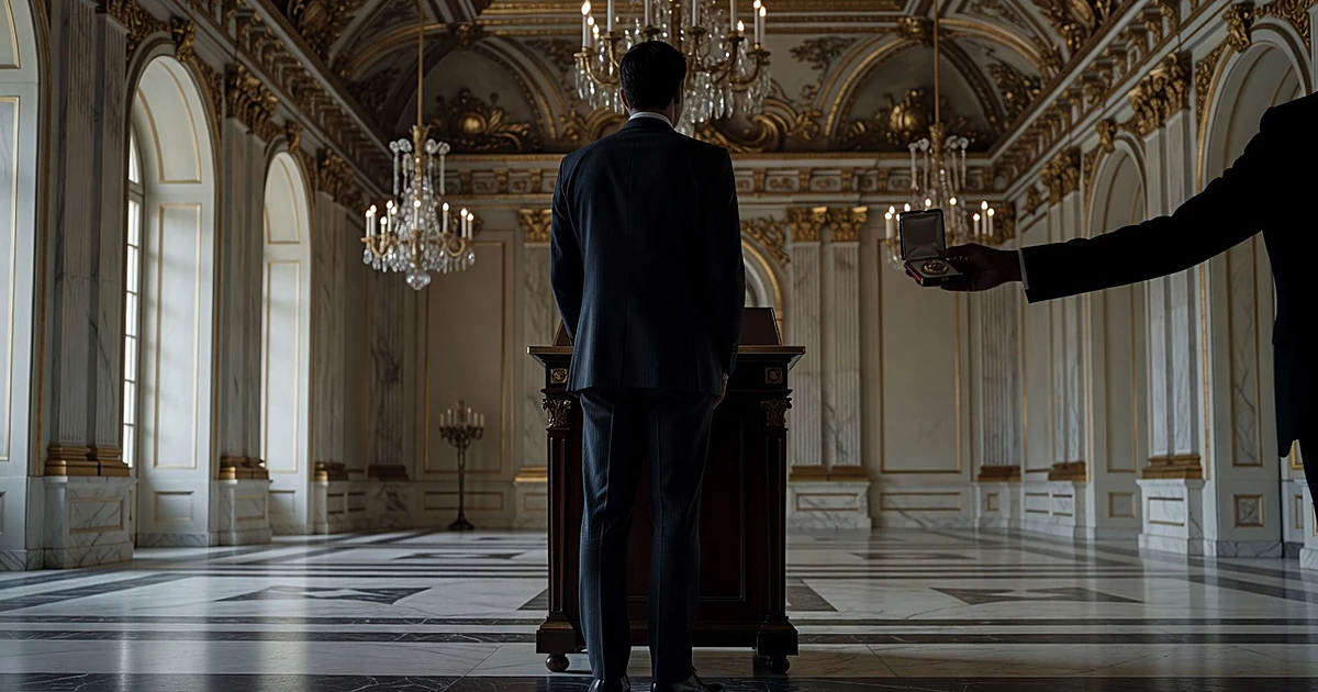 Silhouetted figures in formal ceremony inside ornate European government ministry with baroque architectural details