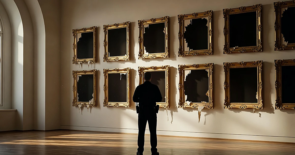 Empty ornate frames with torn canvas edges on museum wall, silhouetted security guard viewing the scene at dawn