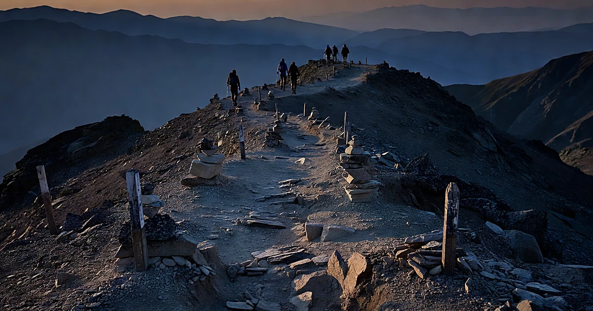 Steep rocky mountain trail ascending into high altitude terrain at dusk with distant ridgelines