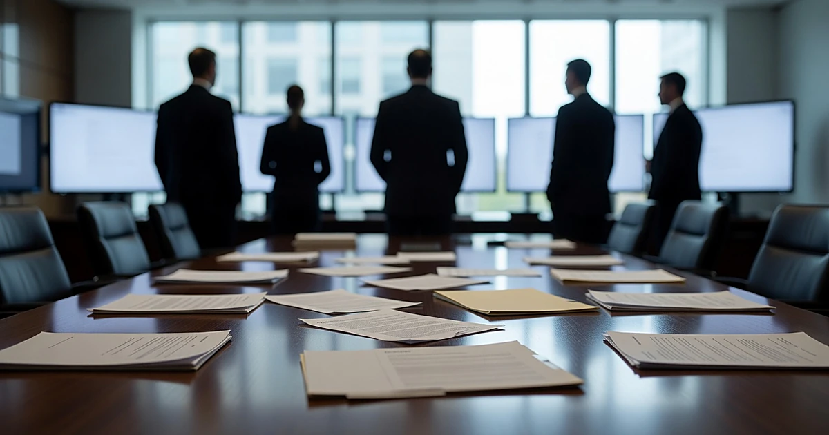 Government conference room with documents on table and silhouetted officials standing before computer monitors