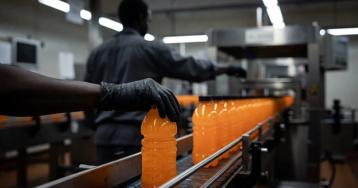 Hand in glove holding orange sports drink bottle on industrial conveyor belt in manufacturing facility