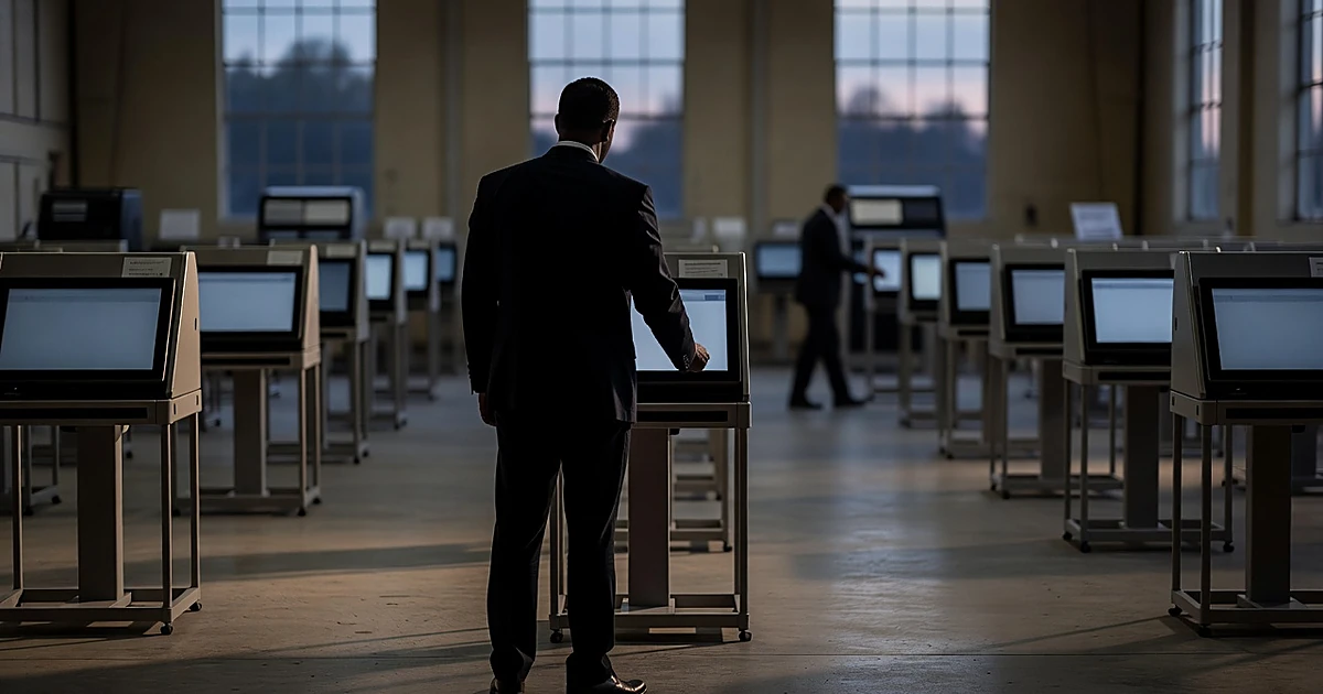 Silhouetted election official inspecting voting machines in warehouse under fluorescent lights