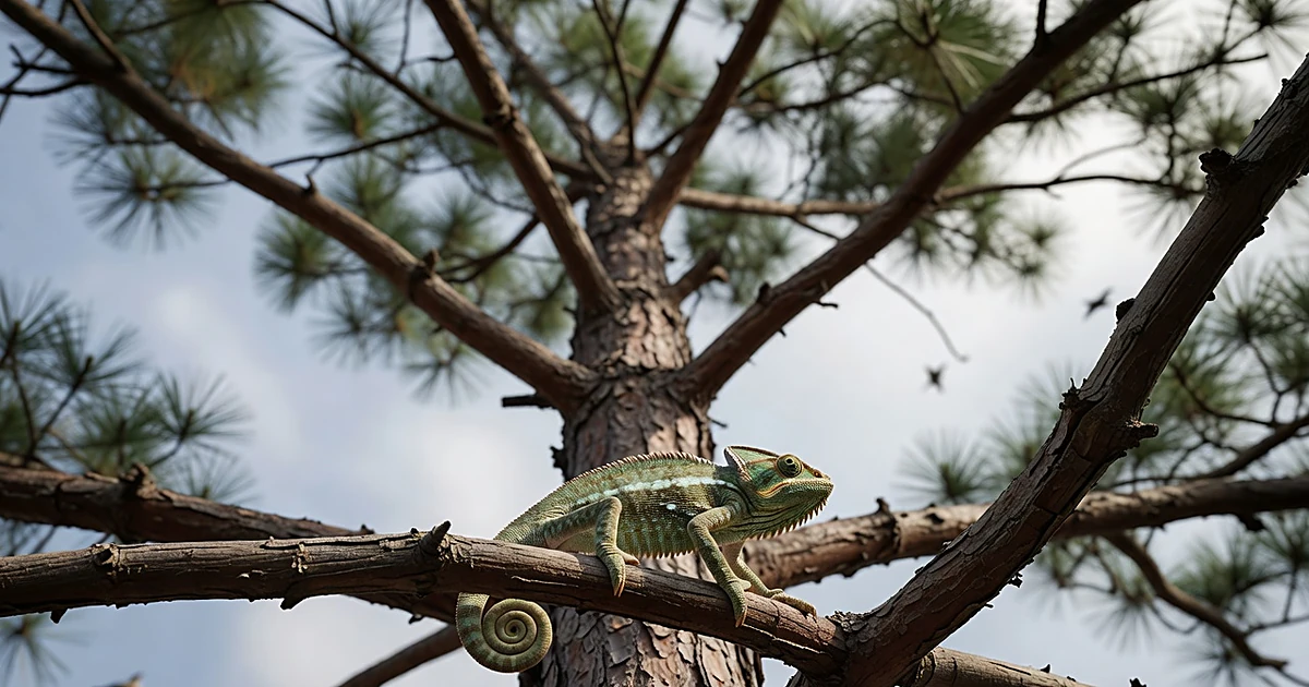 Chameleon clinging to high tree branch against blurred foliage and sky background
