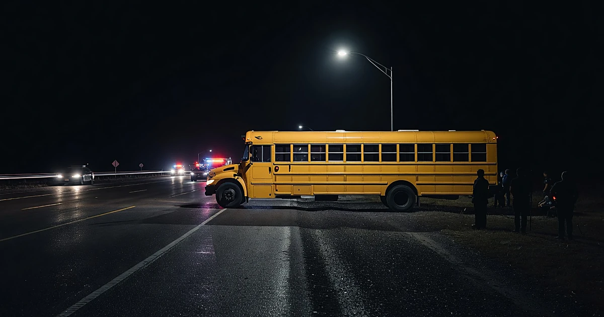 School bus on highway shoulder at night illuminated by emergency vehicle lights on wet pavement