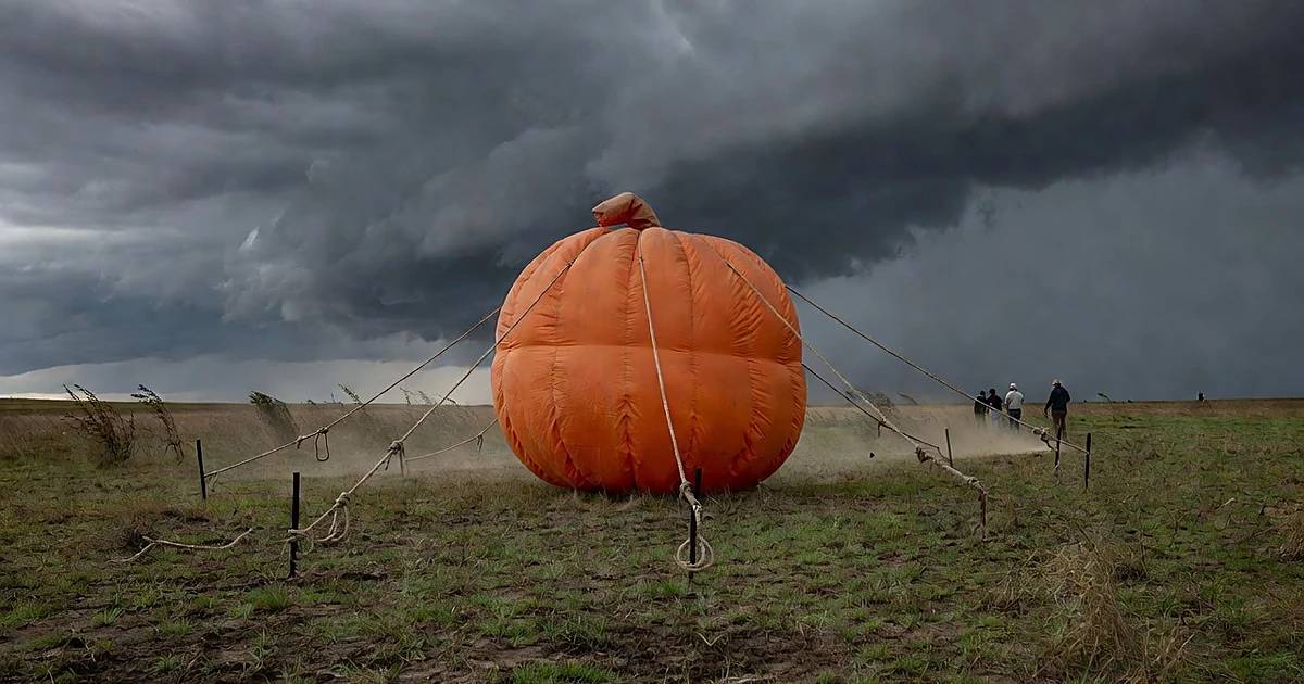 Giant inflatable pumpkin decoration secured with ropes in farm field under stormy skies