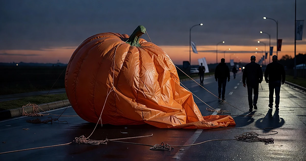 Large orange inflatable pumpkin decoration on wet road at dusk with silhouettes of people approaching to secure it