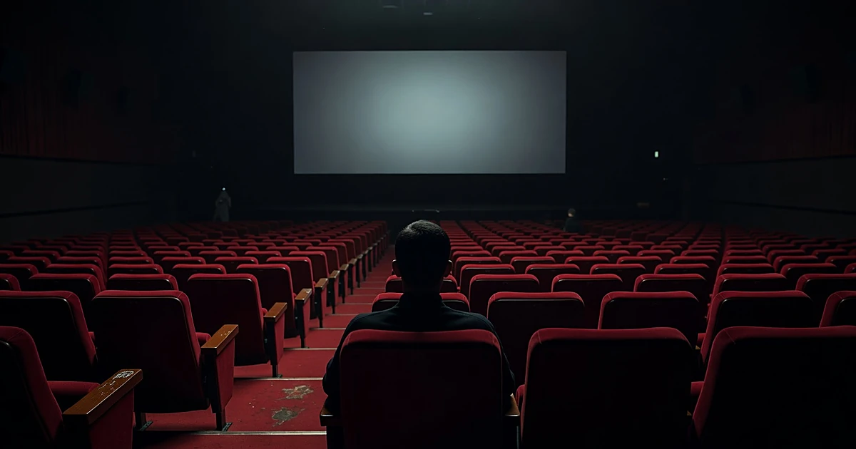 Empty movie theater with rows of red seats and single silhouetted viewer facing distant screen