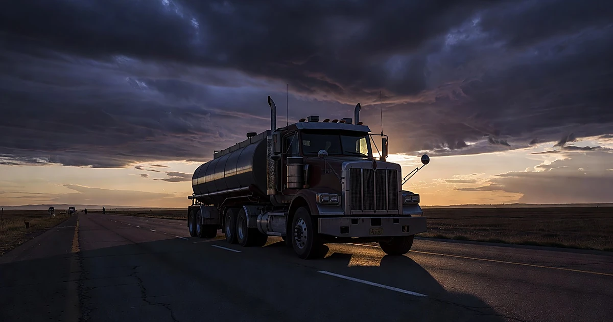Silhouetted diesel tanker truck on empty highway at dusk with dramatic sky