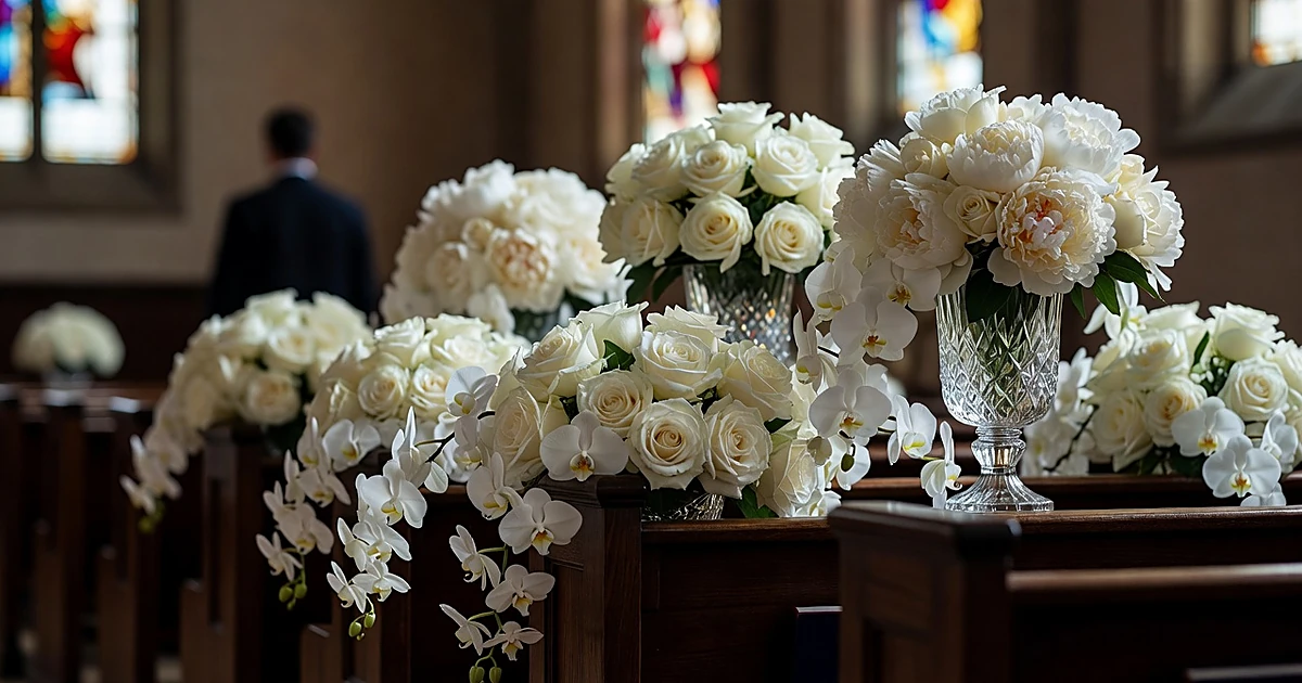 Elaborate white floral arrangement on church pews with silhouetted figure in background