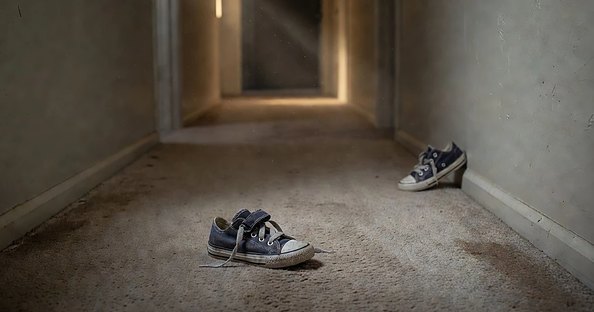 Child's sneakers abandoned in a dimly lit residential hallway