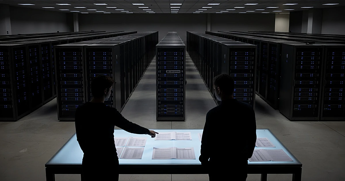 Government data center with server racks and silhouetted figures reviewing documents on illuminated table